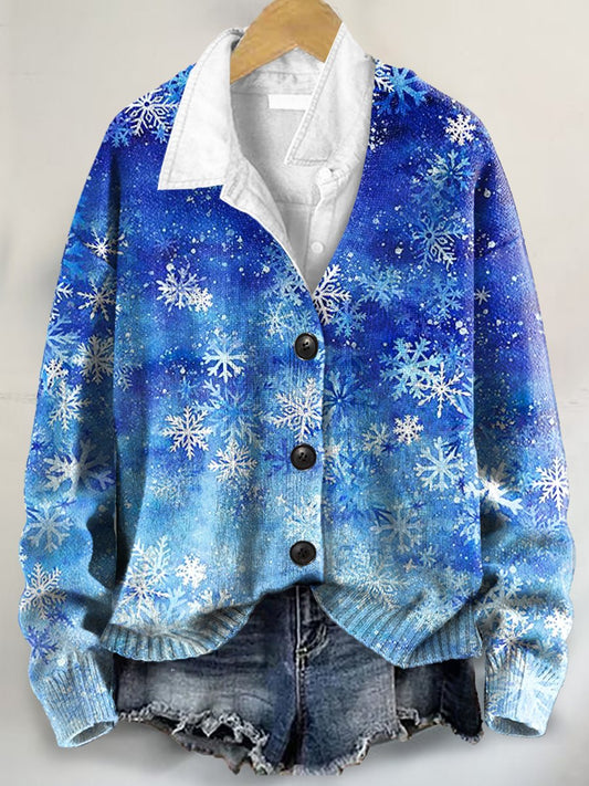 Christmas Snowflake Art Print Buttoned V-neck Cardigan Sweater