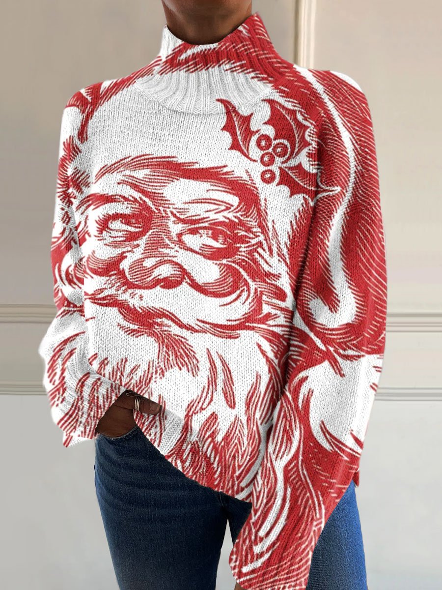 Vintage Christmas Santa Art Print Knit Turtleneck Pullover Sweater