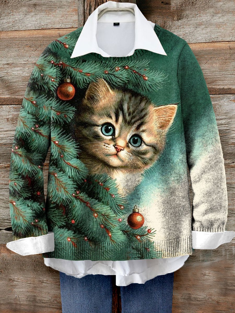 Christmas Cat Art Print Knit Pullover Sweater