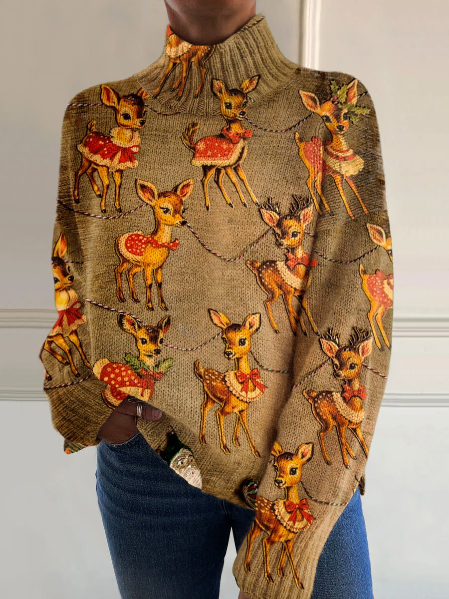 Vintage Christmas Elk Art Print Knit Turtleneck Pullover Sweater