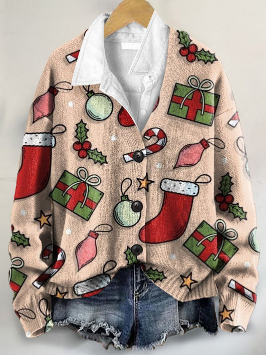 Christmas Pattern Art Print Buttoned V-neck Cardigan Sweater