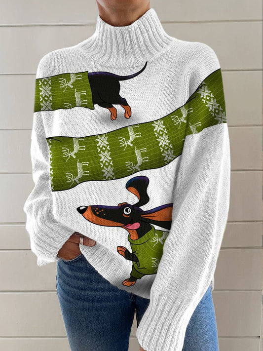 Christmas Dachshund  Print Knit Turtleneck Pullover Sweater