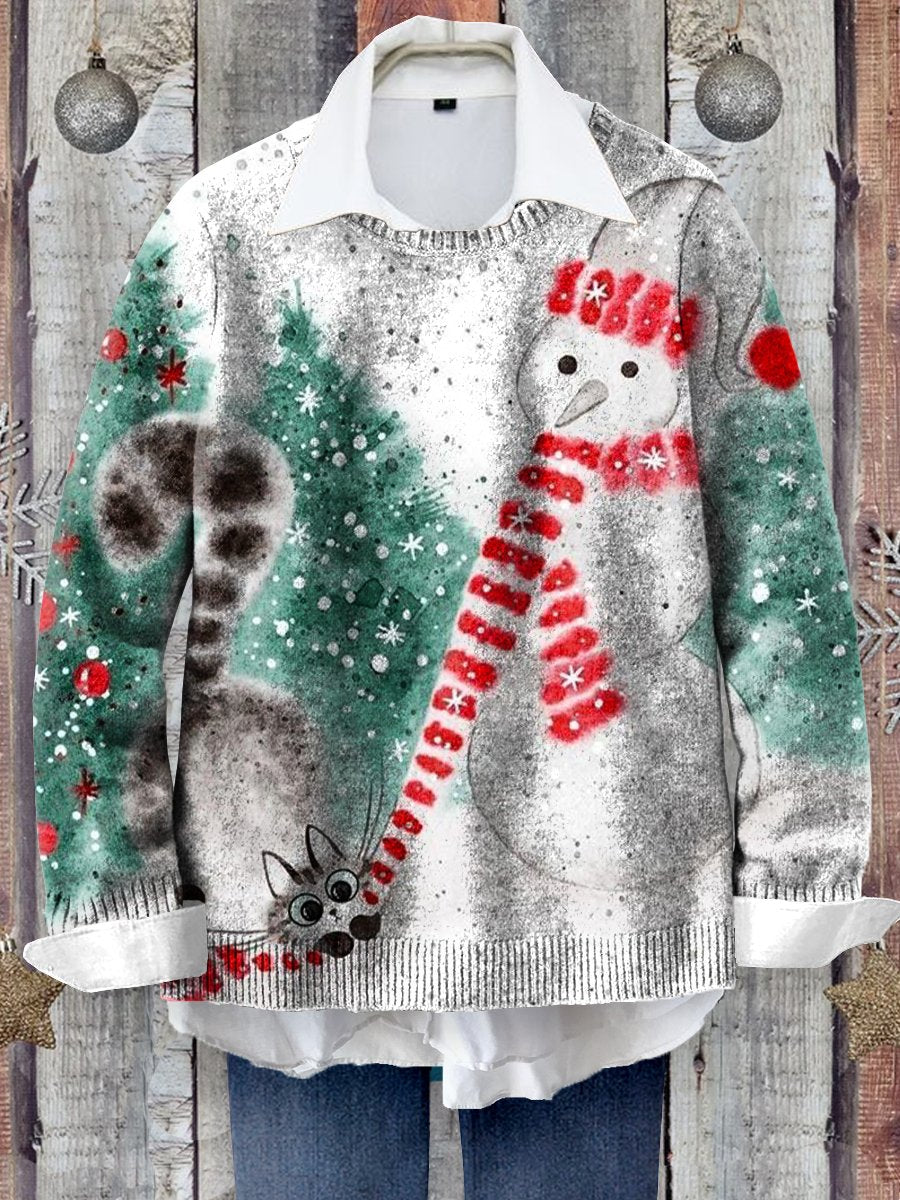 Christmas Snowman And Cat Art Print Knit Pullover Sweater