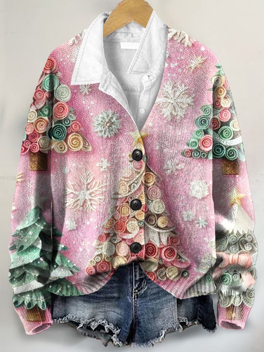 Christmas Tree 3D Art Print Buttoned V-neck Cardigan Sweater