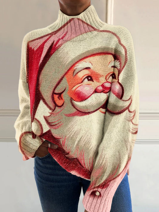 Vintage Christmas Santa Art Print Knit Turtleneck Pullover Sweater