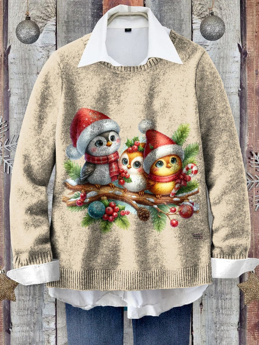 Cute Christmas Bird Art Print Knit Pullover Sweater