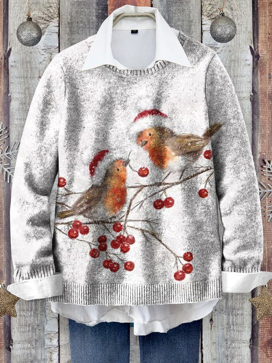 Cute Christmas Bird Art Print Knit Pullover Sweater