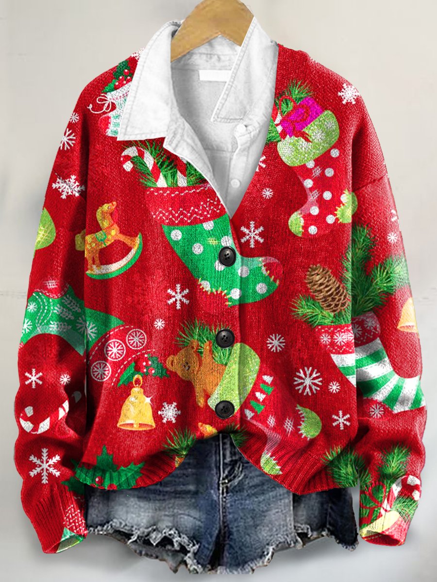 Christmas Pattern Art Print Buttoned V-neck Cardigan Sweater