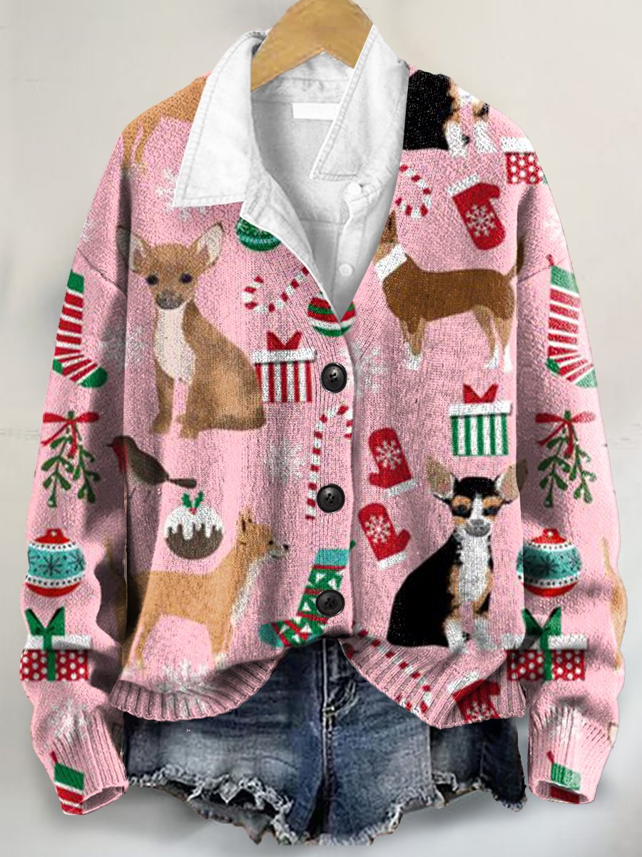 Christmas Dog Art Print Buttoned V-neck Cardigan Sweater