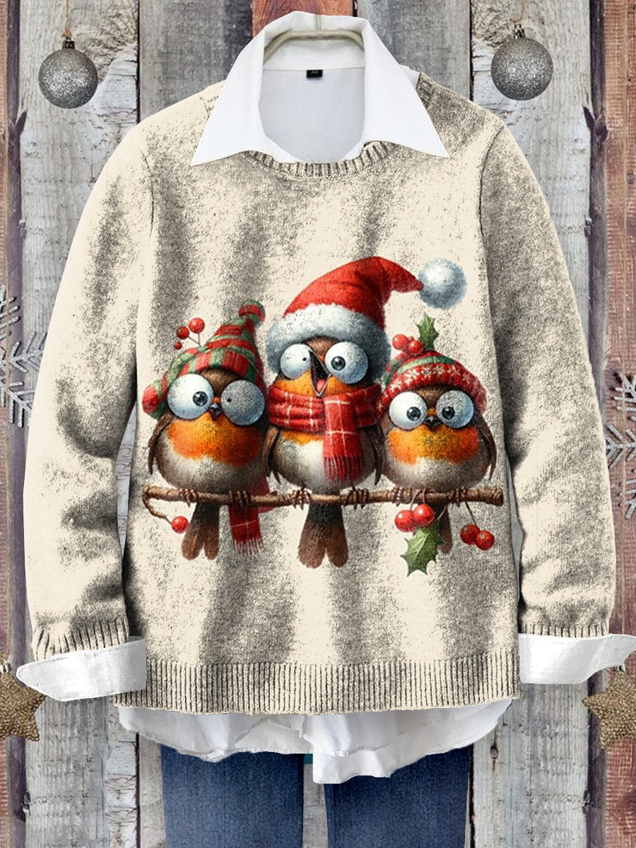 Cute Christmas Bird Art Print Knit Pullover Sweater