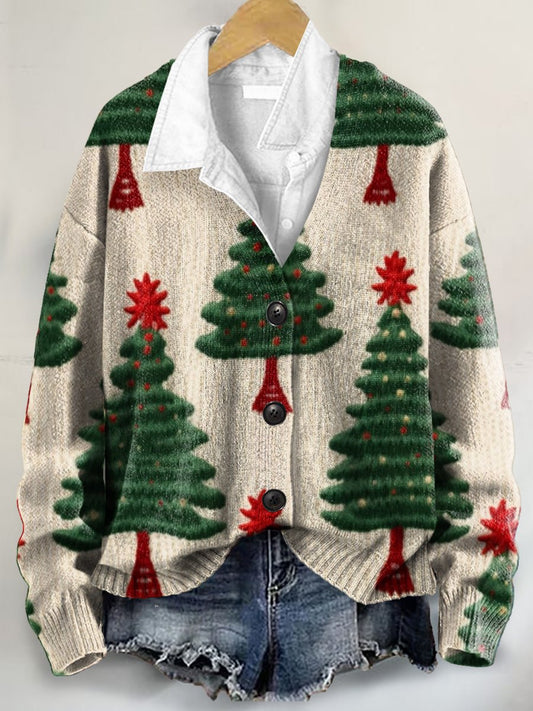 Christmas Tree 3D Art Print Buttoned V-neck Cardigan Sweater