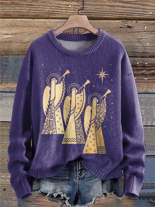 Christmas Angel Trumpet Print Knit Pullover Sweater