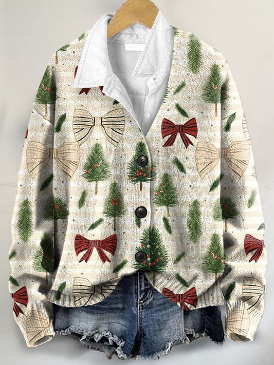 Christmas Pattern Art Print Buttoned V-neck Cardigan Sweater