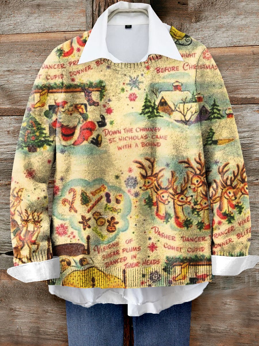 Vintage Christmas Art Print Knit Pullover Sweater