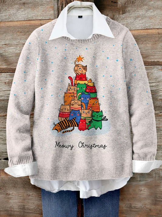 Cute Cat Christmas Tree Print Knit Pullover Sweater