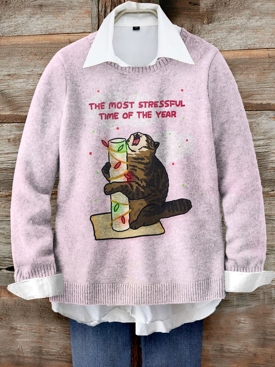 Cute Cat Christmas Art Print Knit Pullover Sweater