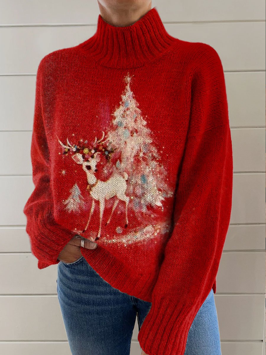 Vintage Christmas Print Knit Turtleneck Pullover Sweater