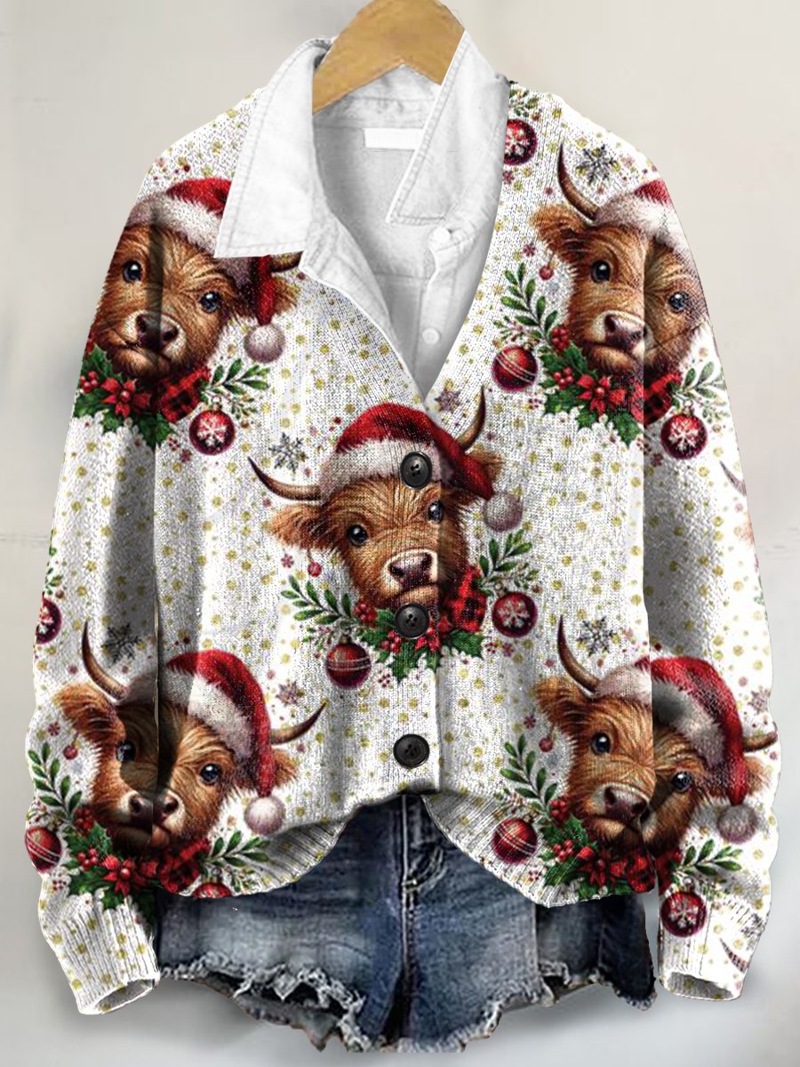 Christmas Cow Art Print Buttoned V-neck Cardigan Sweater