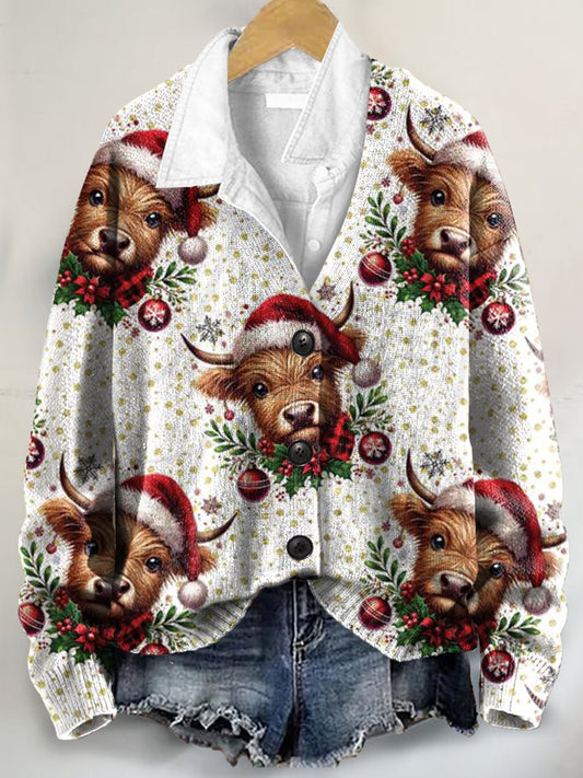 Christmas Cow Art Print Buttoned V-neck Cardigan Sweater