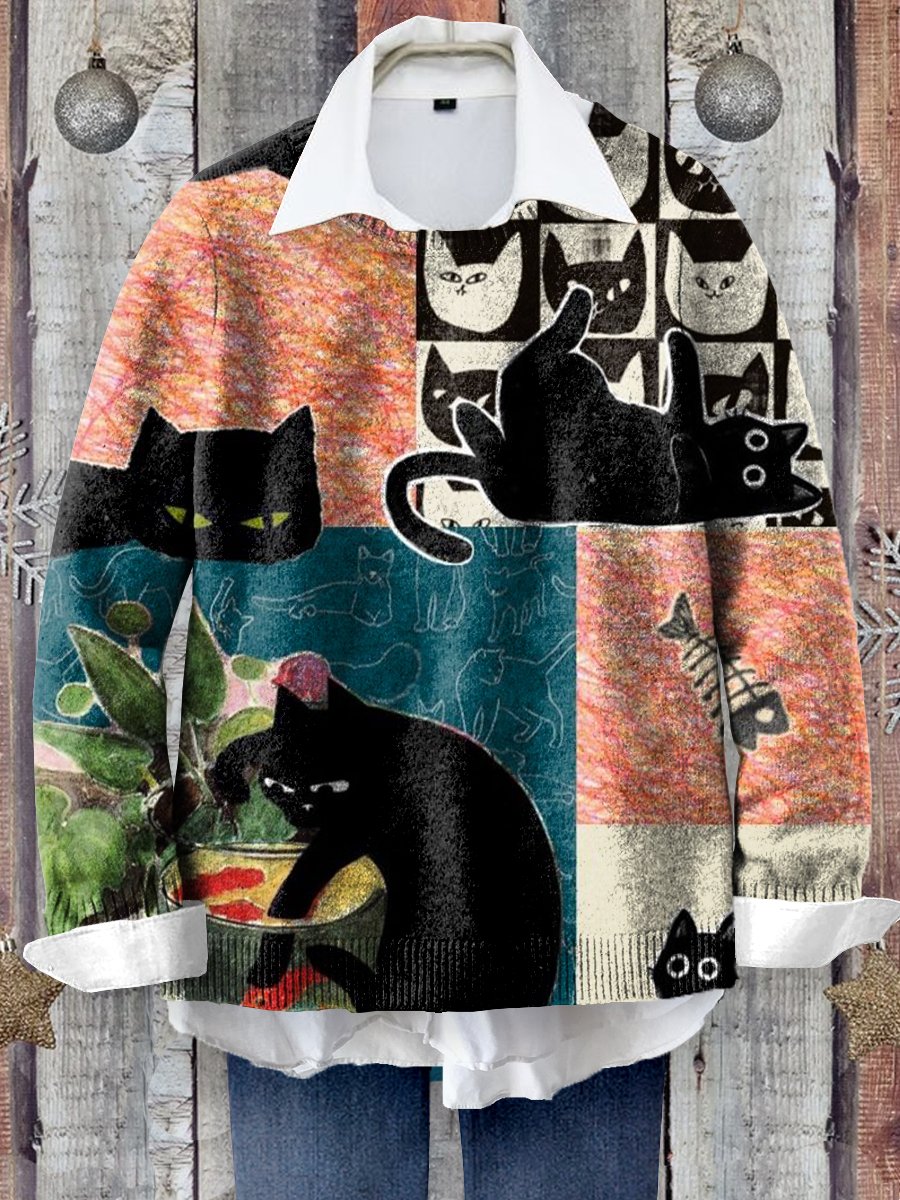 Cute Cat Art Print Knit Pullover Sweater