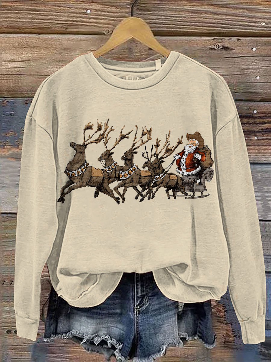 Cowboy Santa Claus with Reindeer Christmas Western Casual Print Sweatshirt