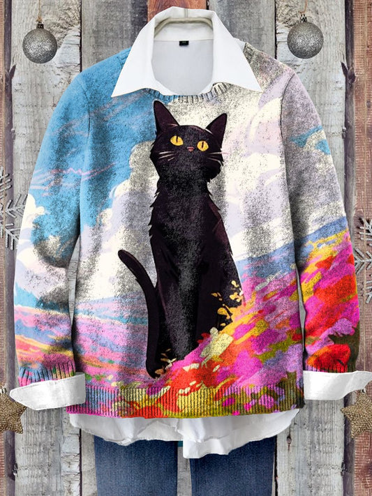 Cute Cat Art Print Knit Pullover Sweater