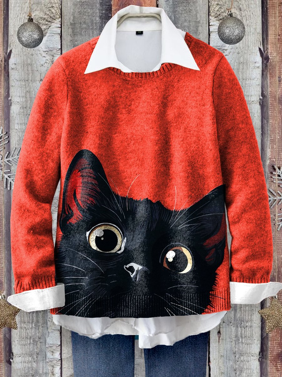 Cute Cat Art Print Knit Pullover Sweater