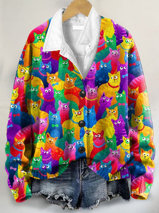 Colorful Cat Art Print Buttoned V-neck Cardigan Sweater