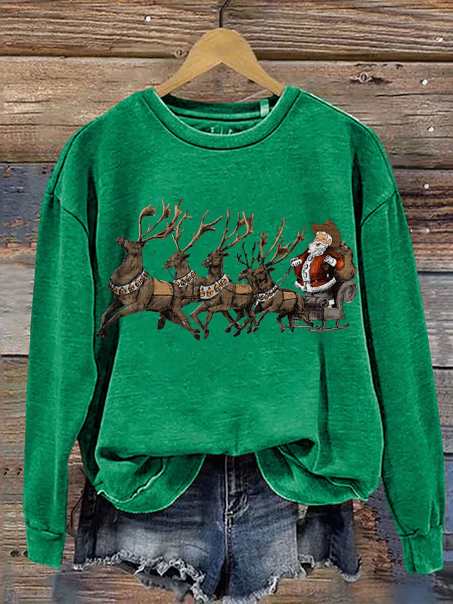 Cowboy Santa Claus with Reindeer Christmas Western Casual Print Sweatshirt