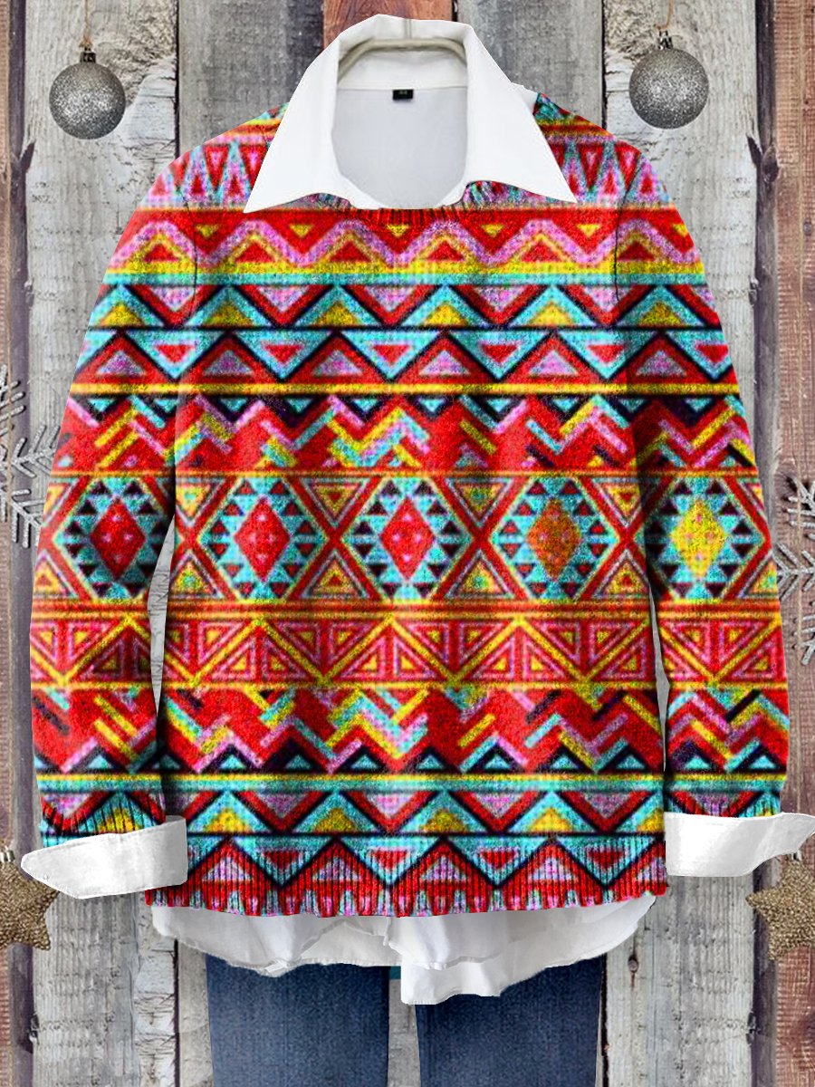 Retro Ethnic Pattern Art Print Knit Pullover Sweater