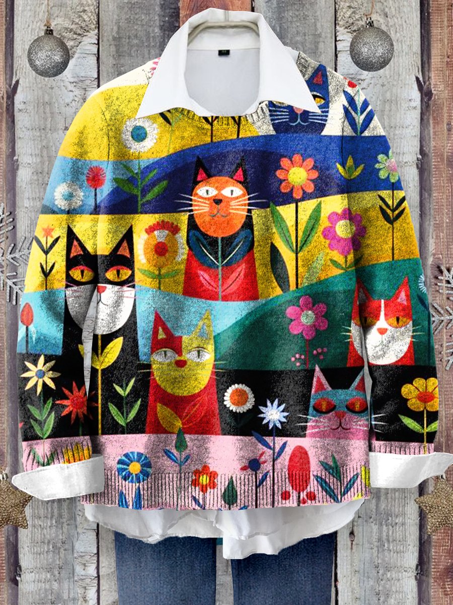 Colorful Cat Art Print Knit Pullover Sweater