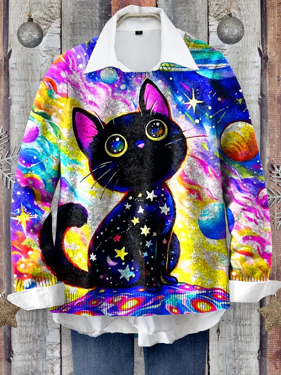 Colorful Cat Art Print Knit Pullover Sweater