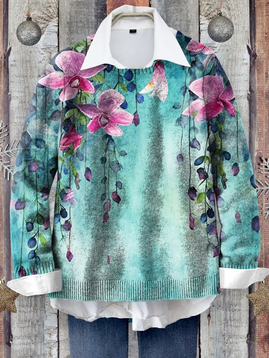 Vintage Flower Art Print Knit Pullover Sweater