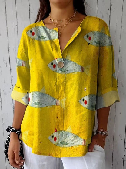 Women's Vintage Fish Art Print Casual Cotton And Linen Shirt