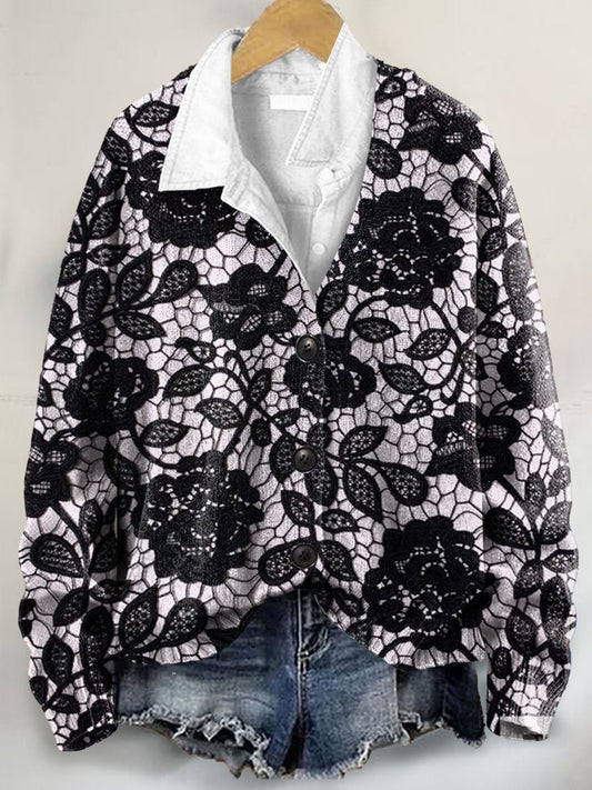 Vintage Lace Floral 3D Art Print Buttoned V-neck Cardigan Sweater