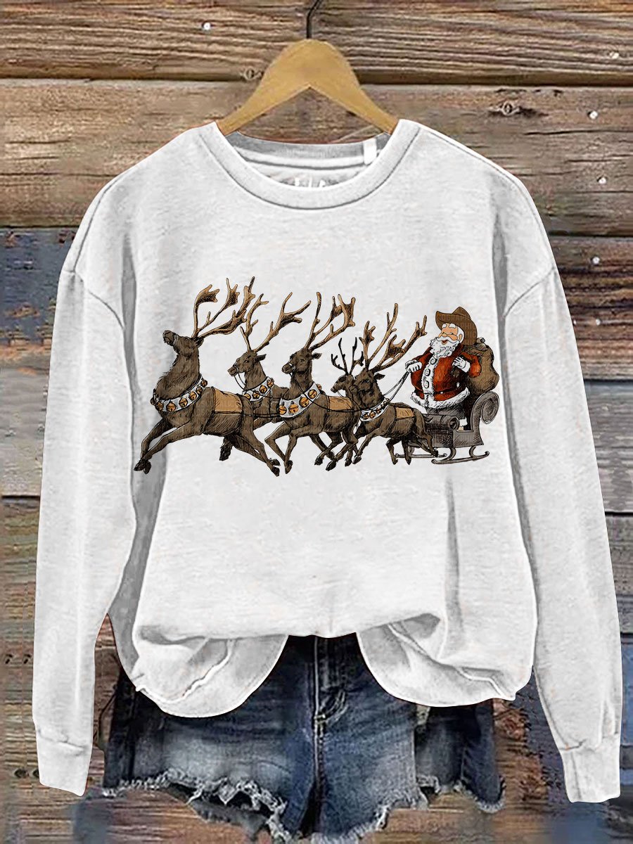 Cowboy Santa Claus with Reindeer Christmas Western Casual Print Sweatshirt