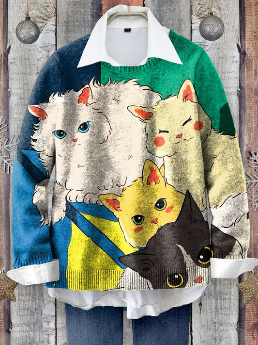 Cute Cat Art Print Knit Pullover Sweater