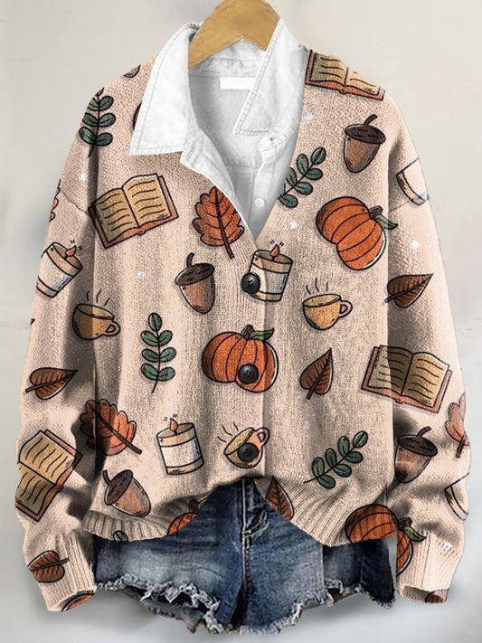 Autumn Leaves And Fruit Art Print Buttoned V-neck Cardigan Sweater