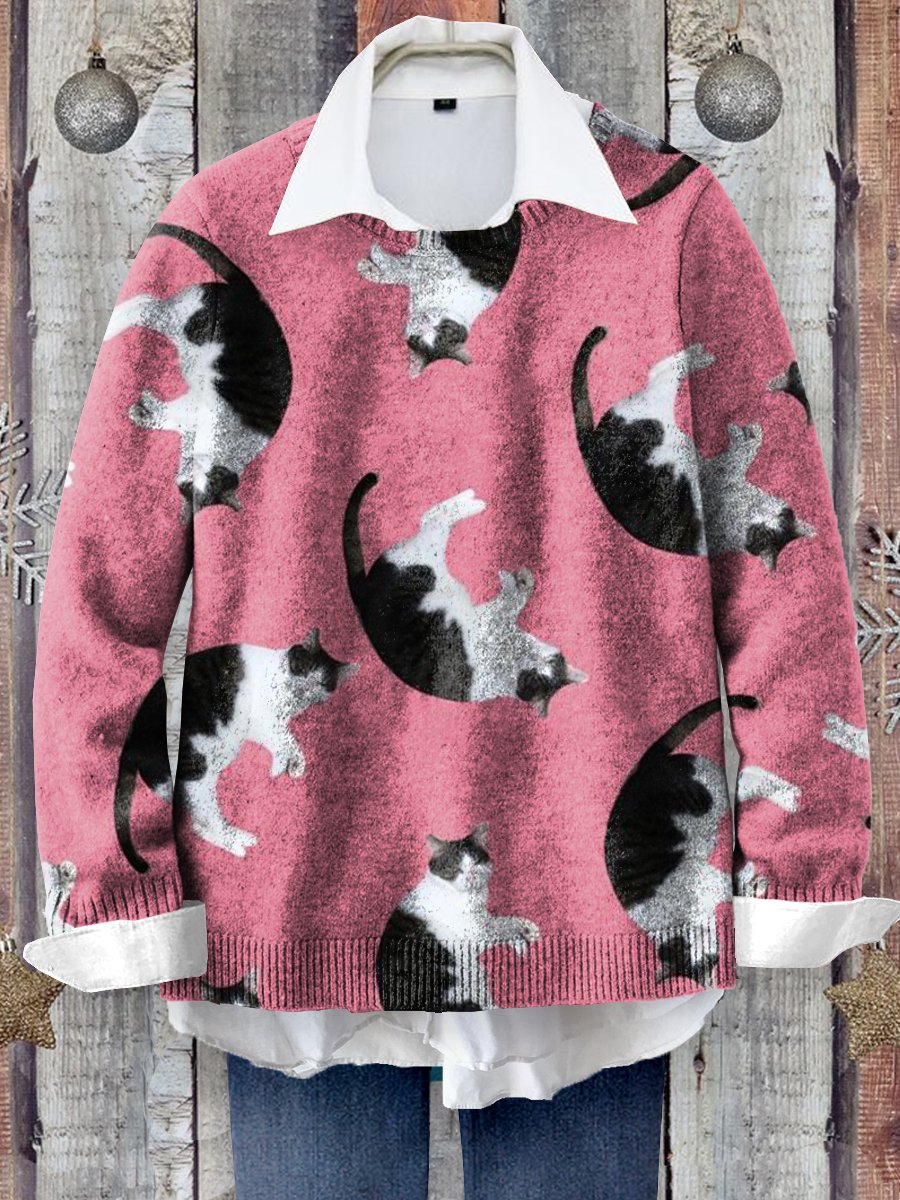 Cute Cat Art Print Knit Pullover Sweater