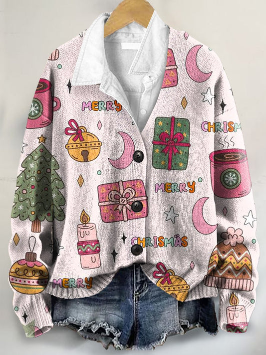 Christmas Pattern Art Print Buttoned V-neck Cardigan Sweater