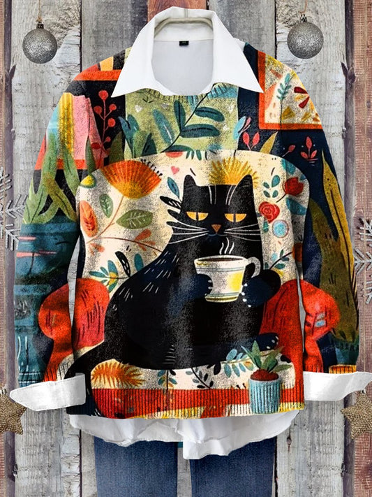 Cute Cat Art Print Knit Pullover Sweater