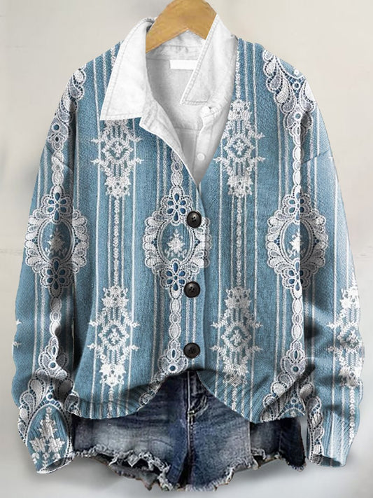 Vintage Lace Floral 3D Art Print Buttoned V-neck Cardigan Sweater