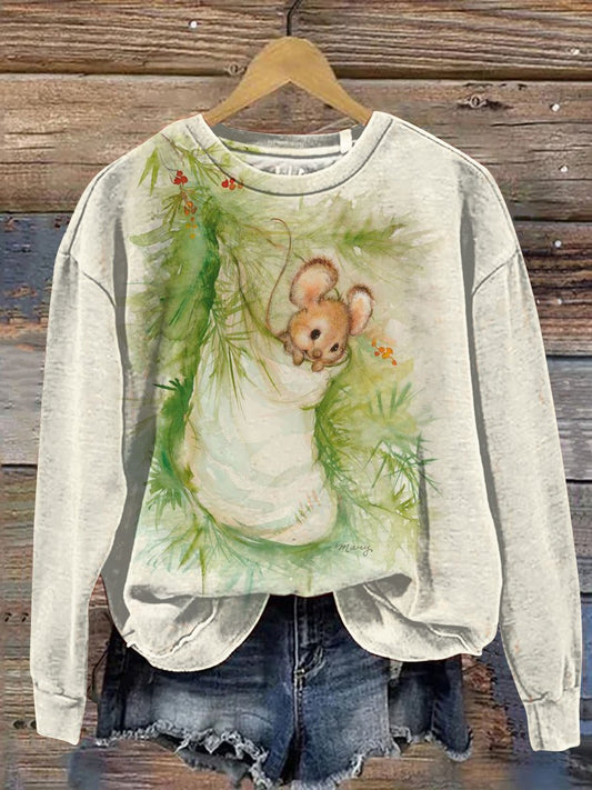 Christmas Cute Mouse Art Print Casual Sweatshirt