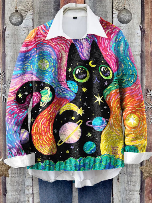 Colorful Cat Art Print Knit Pullover Sweater