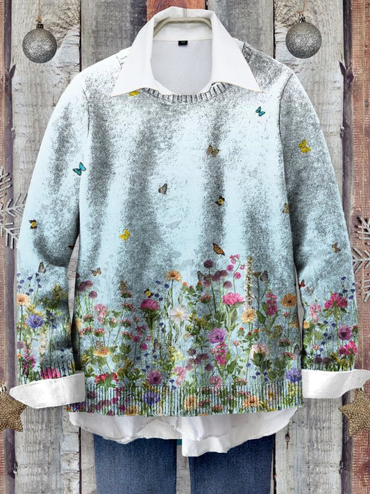 Fresh Flower And Butterfly Art Print Knit Pullover Sweater