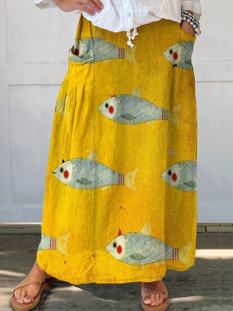 Women's Vintage Fish Art Print Casual Cotton And Linen Shirt