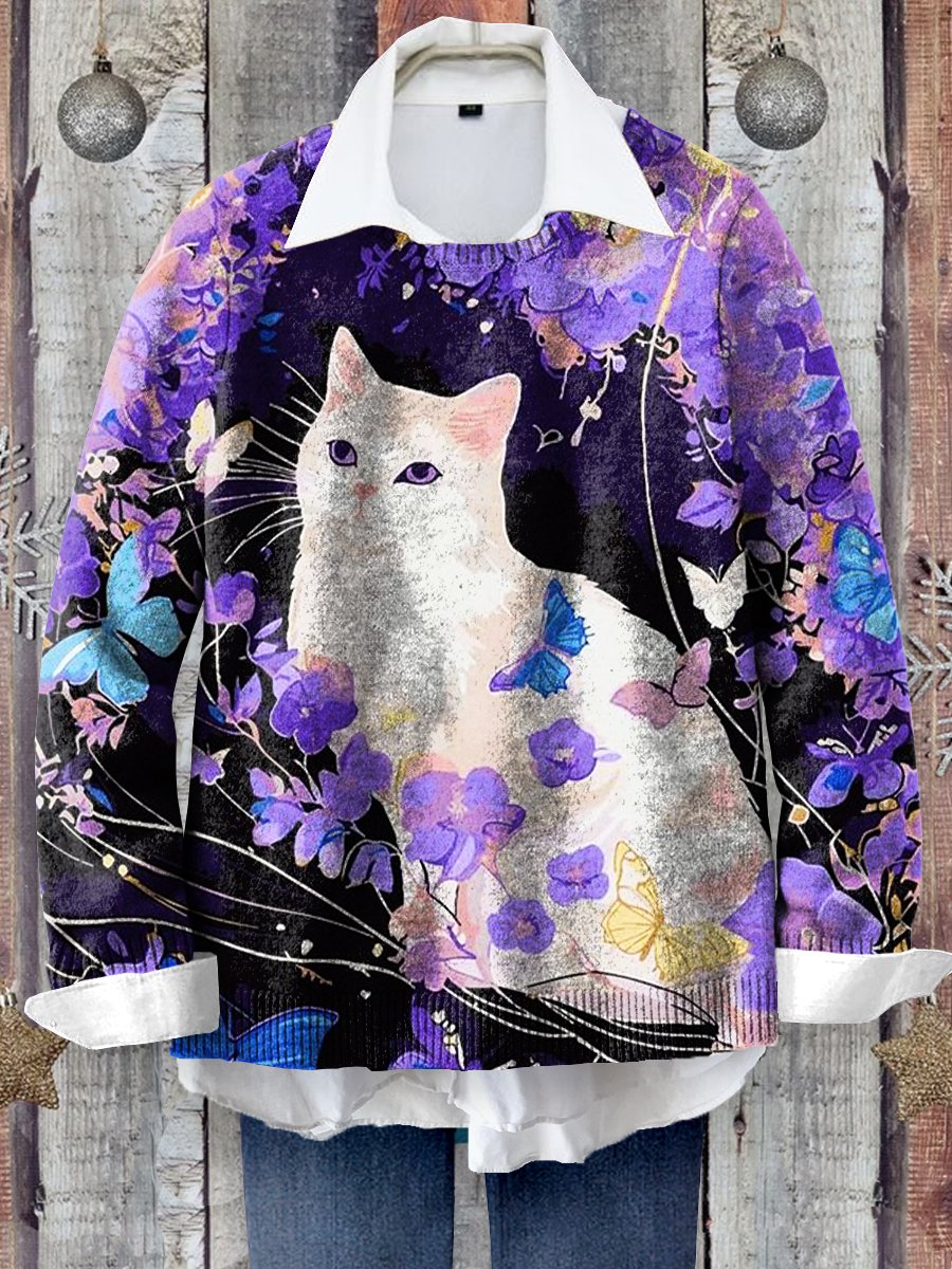 Colorful Cat Art Print Knit Pullover Sweater