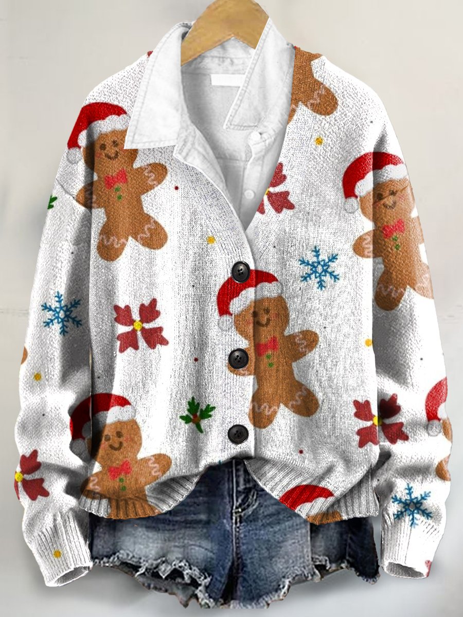 Christmas Gingerbread Man Art Print Buttoned V-neck Cardigan Sweater