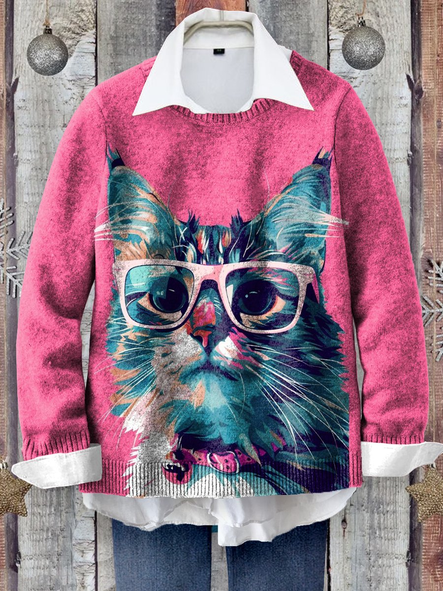 Cute Cat Art Print Knit Pullover Sweater