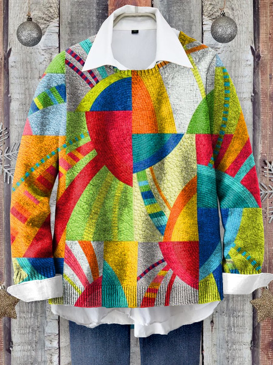 Multicolor Cotton Patchwork Pattern Art Print Knit Pullover Sweater